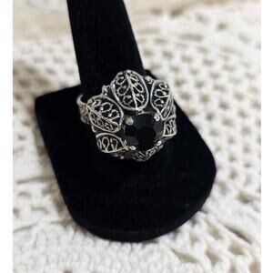 Vintage West German Onyx Silver Filigree Statement RIng